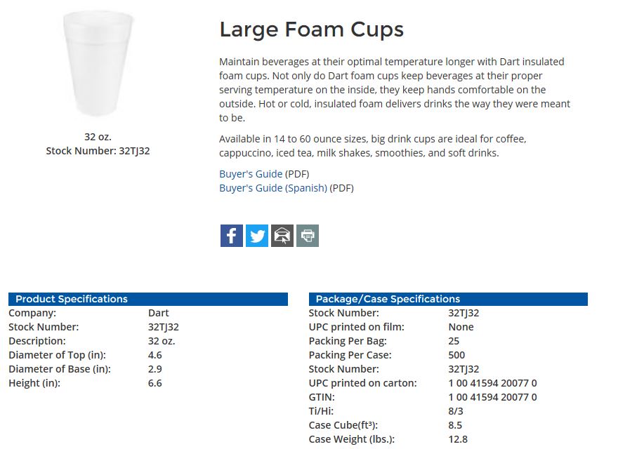 Dart 32TJ32 32 oz. White Foam Cup - 25/Pack